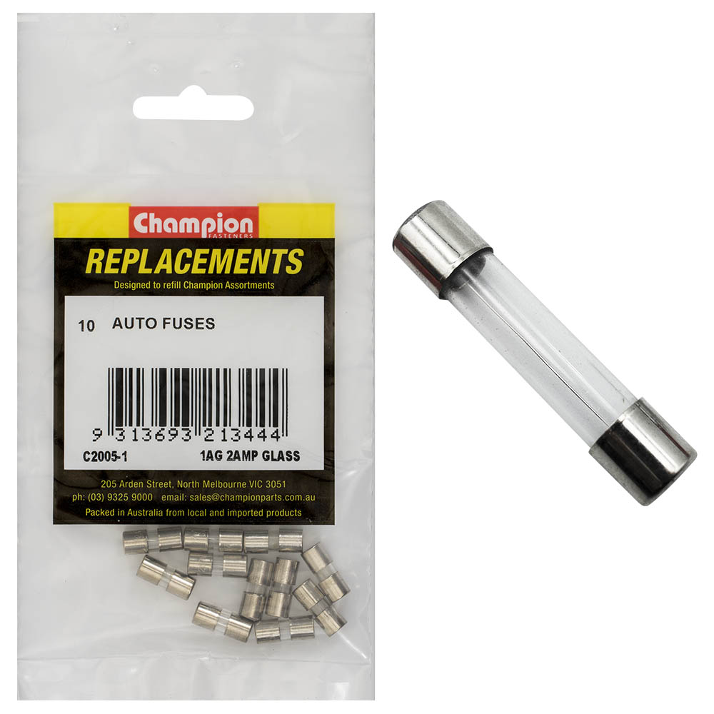 Champion 1Ag 2Amp Glass Fuse -10pk