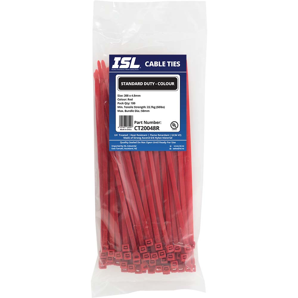 ISL 200 x 4.8mm Nylon Cable Tie - Red - 100pk