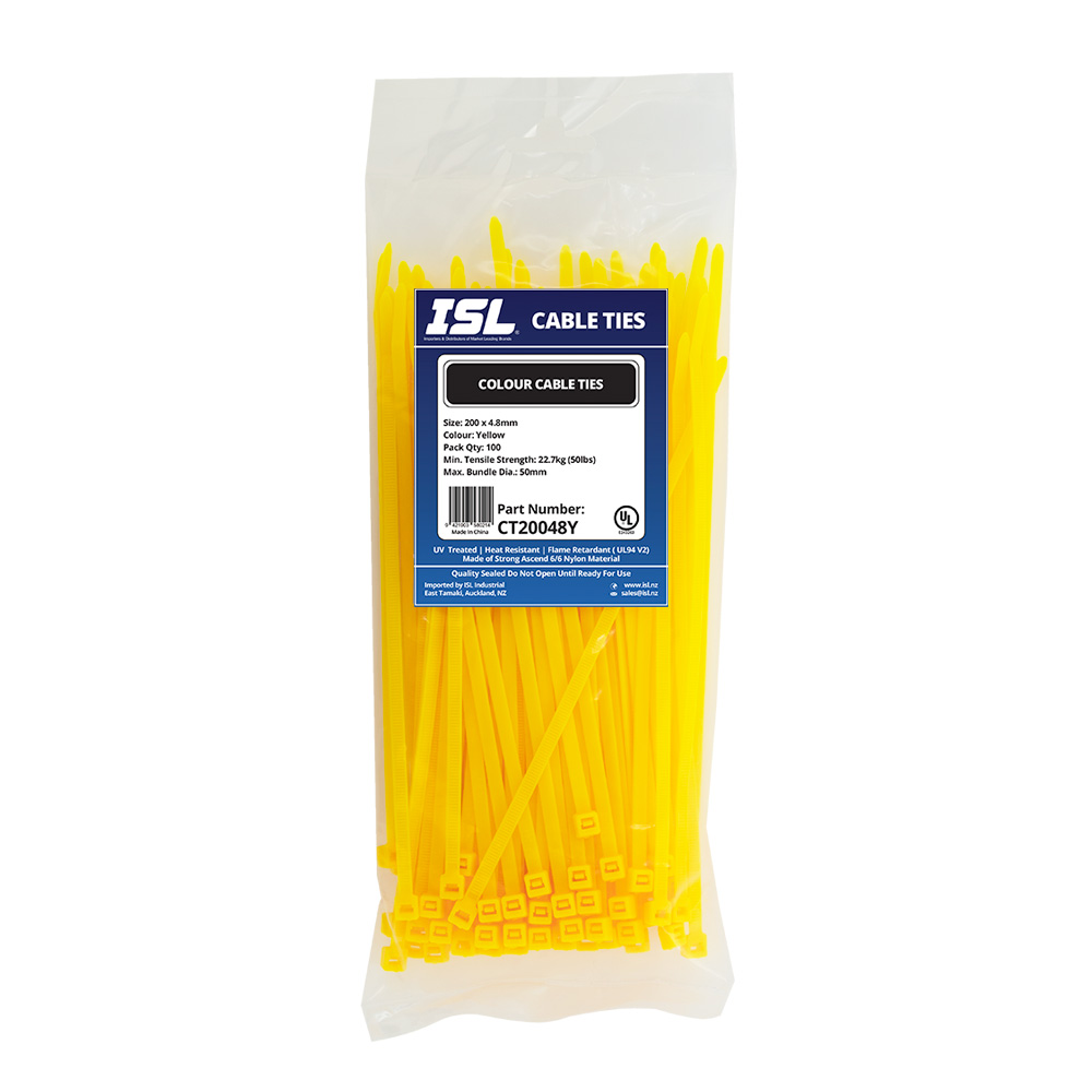 ISL 200 x 4.8mm Nylon Cable Tie - Yellow - 100pk